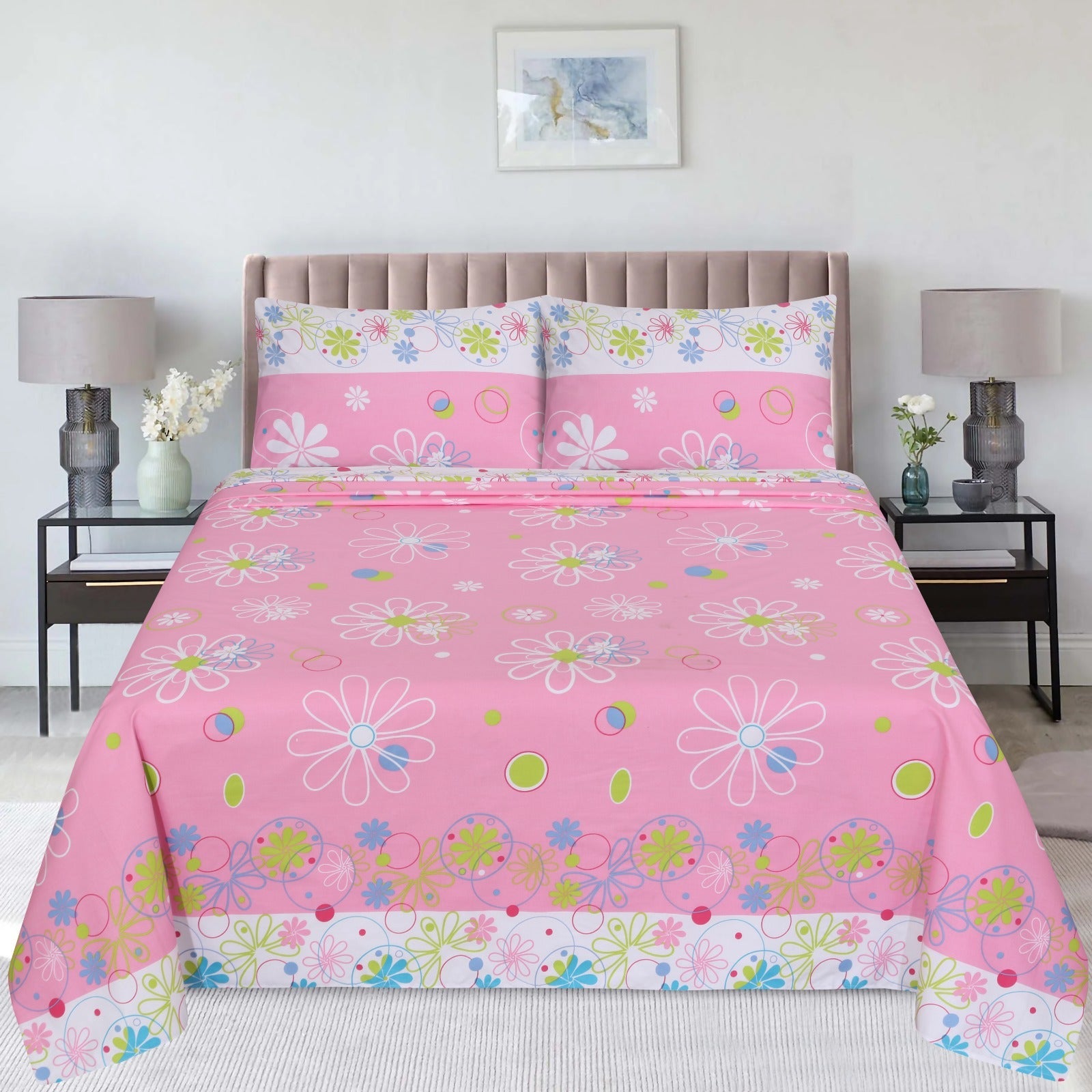 Elegant Floral Pink Cotton Bedsheet Set-BS03