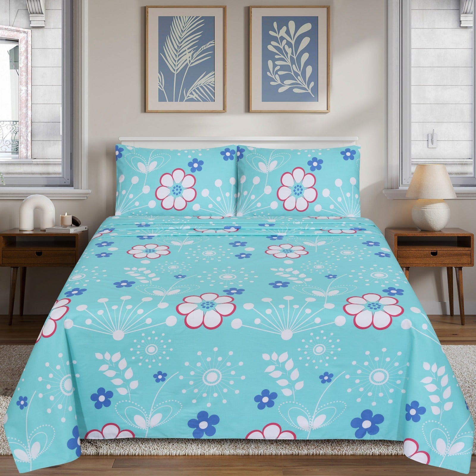 Fresh Aqua Blue Floral cotton Bedsheet Set-BS05