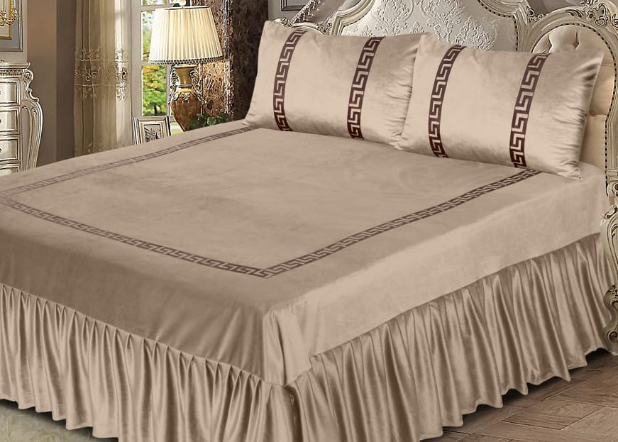 Luxury Velvet Beige Bed Sheet Set with Golden Border 04