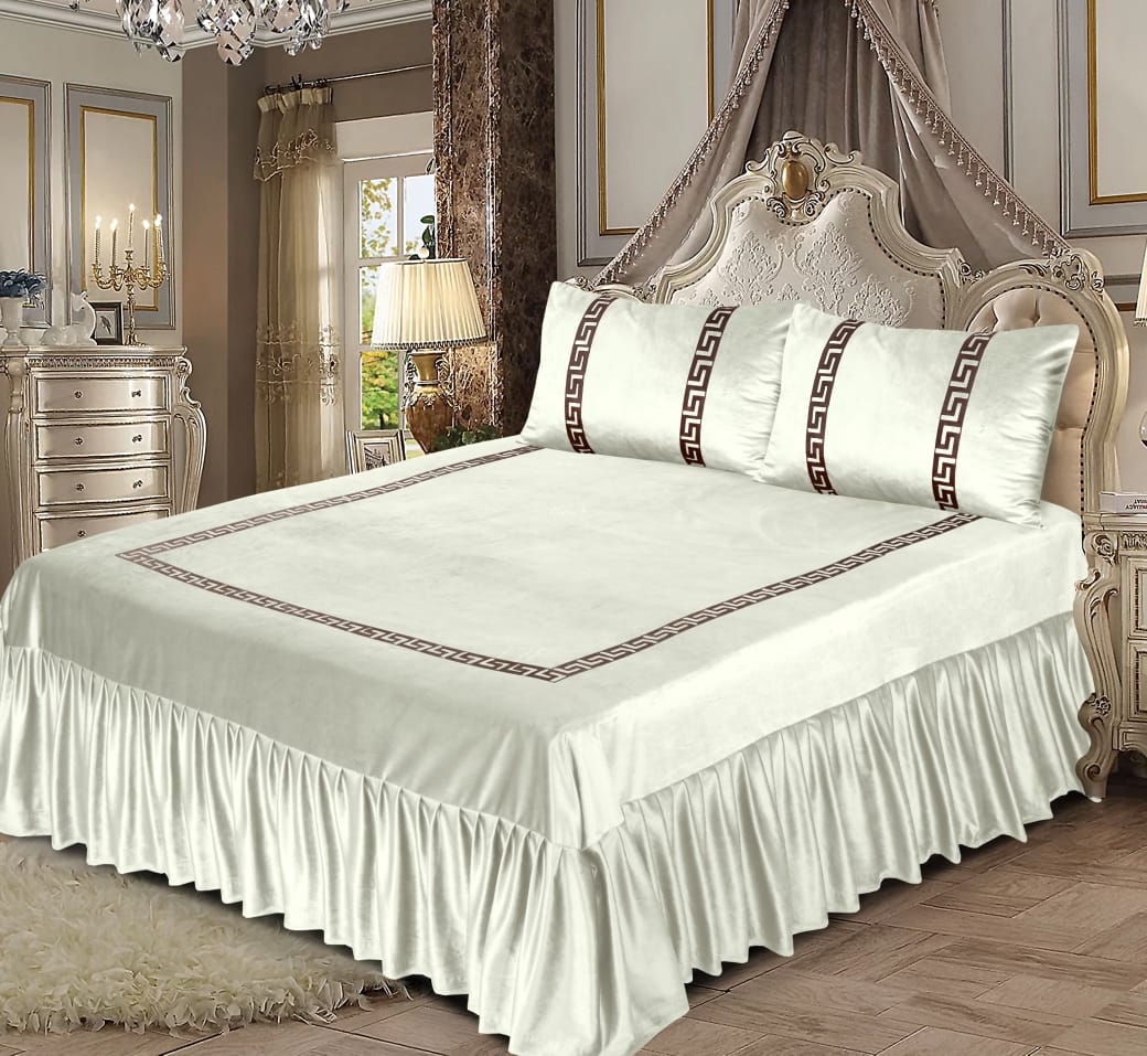 Luxury Velvet Off white Bed Sheet Set with Golden Border 03