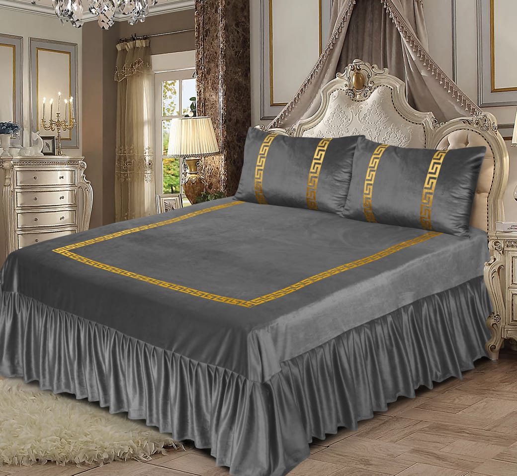Luxury Velvet Dark Grey  Bed Sheet Set with Golden Border 06
