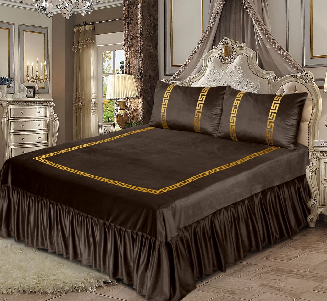 Luxury Velvet Dark Brown  Bed Sheet Set with Golden Border 05