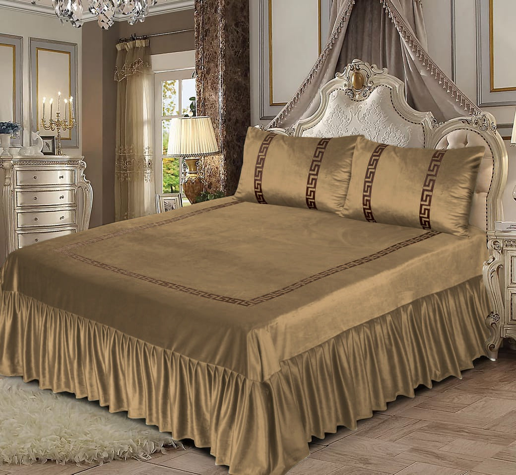 Luxury Velvet light brown Bed Sheet Set with Golden Border 08