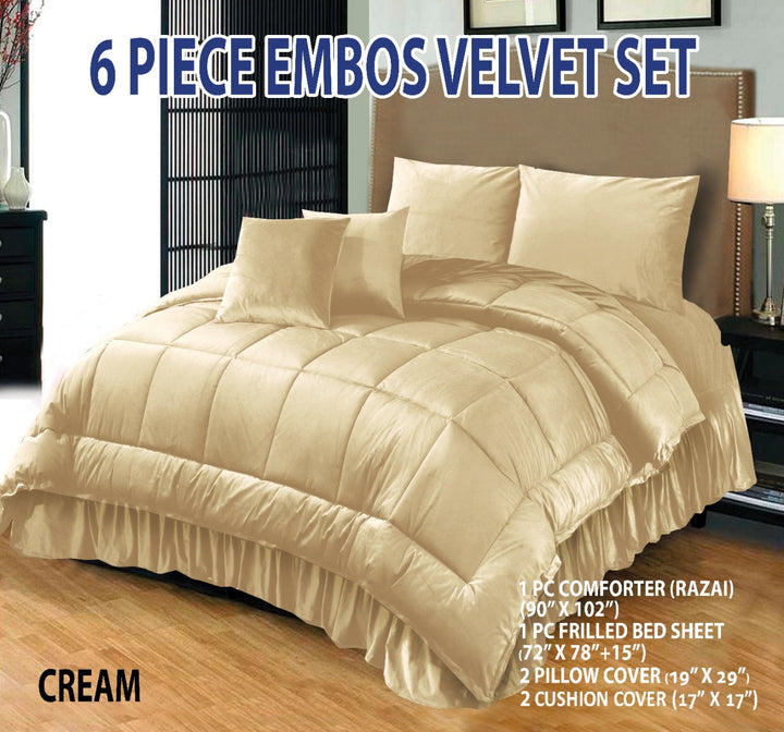 Cream 6 PCS  Embossed Velvet Bedding Set – 03
