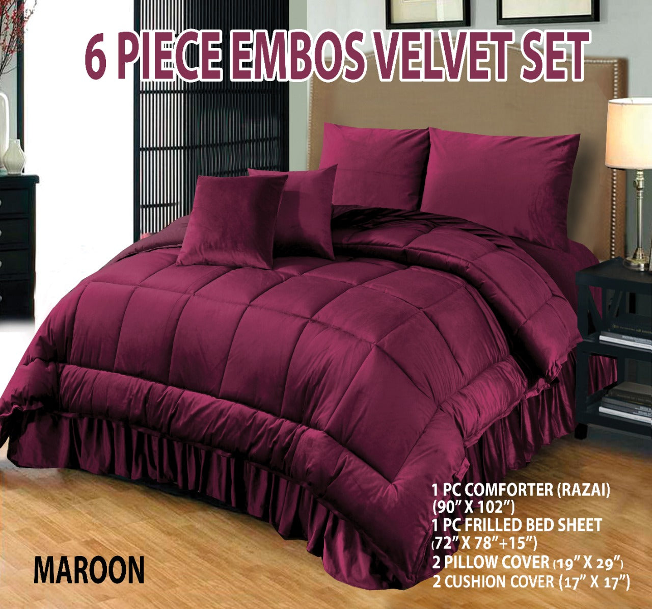 Maroon 6 PCS  Embossed Velvet Bedding Set – 08