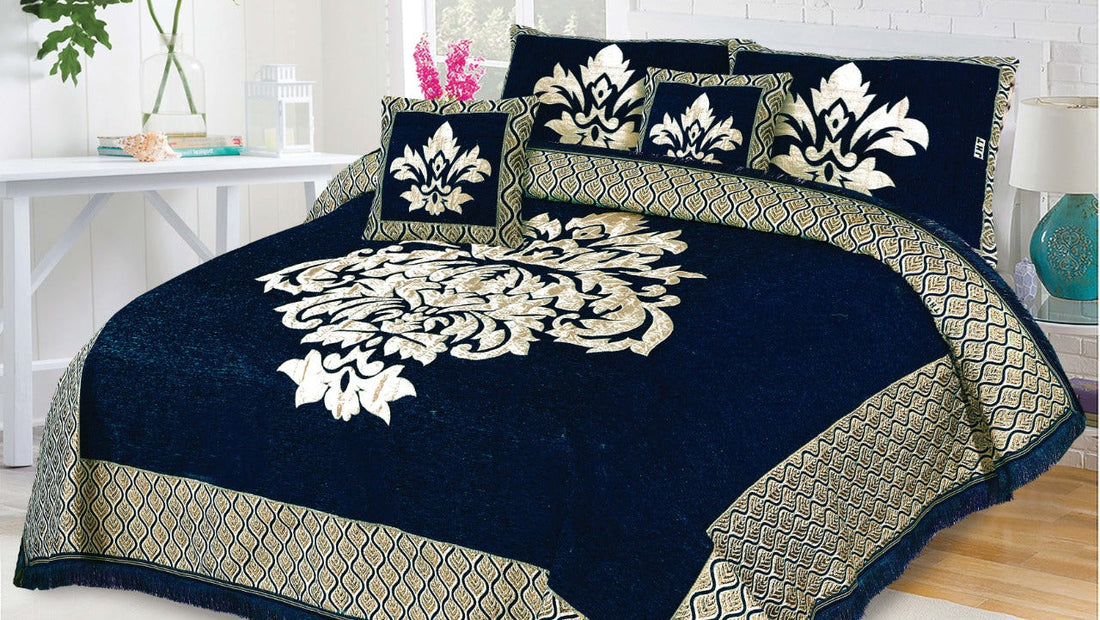 Blue Crown Velvet Jacuard Bedsheet Set - 04