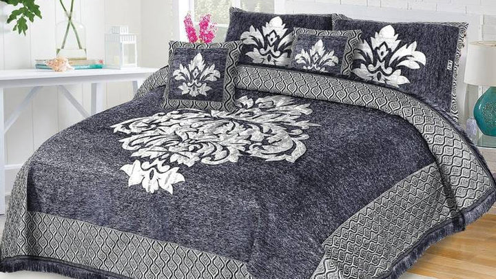 Grey Crown Velvet Jacuard Bedsheet Set - 05