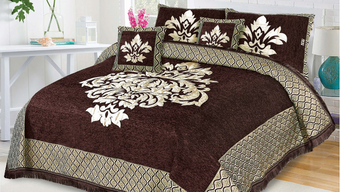 Brown Crown Velvet Jacuard Bedsheet Set - 03
