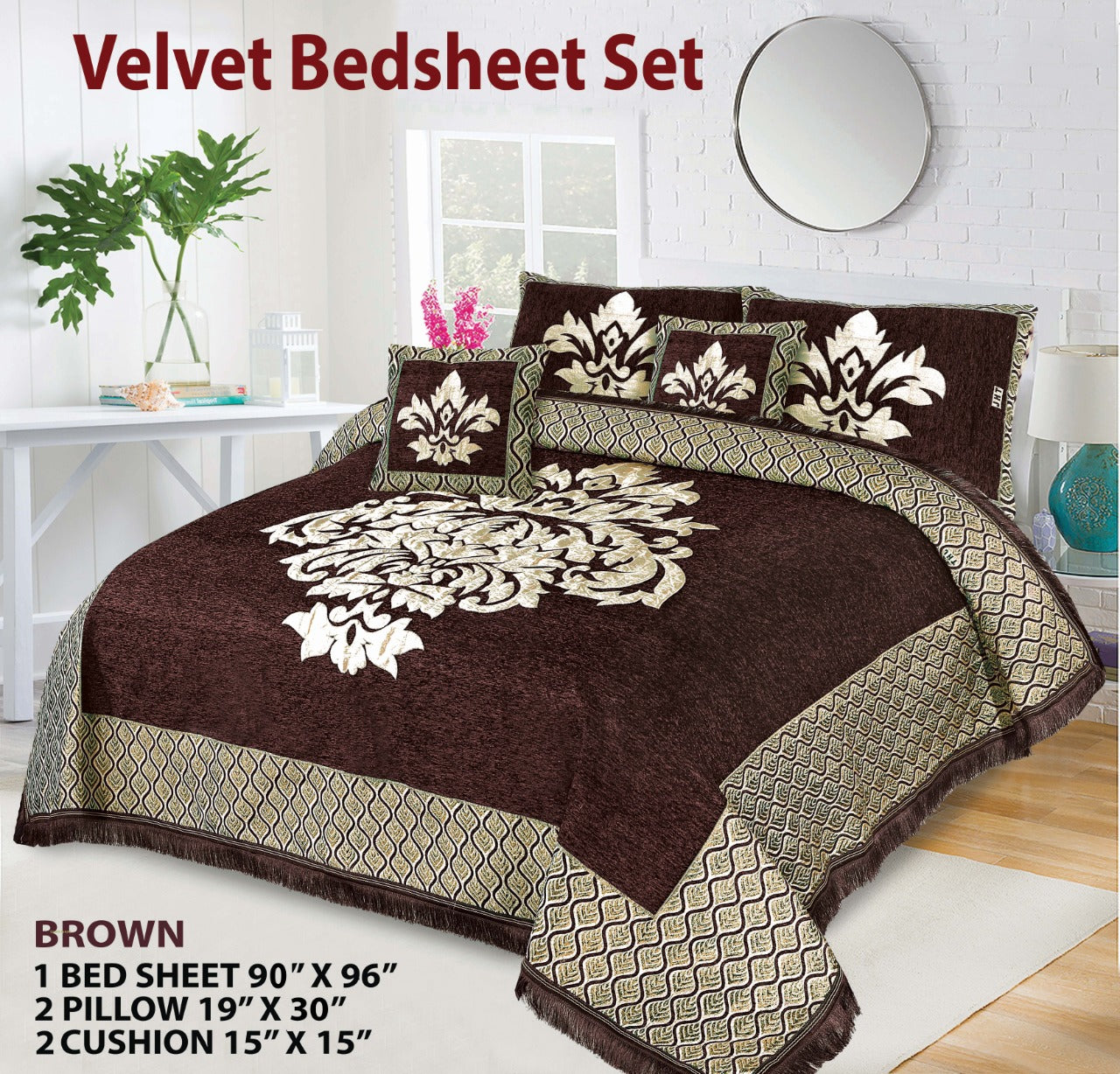 Brown Crown Velvet Jacuard Bedsheet Set - 03