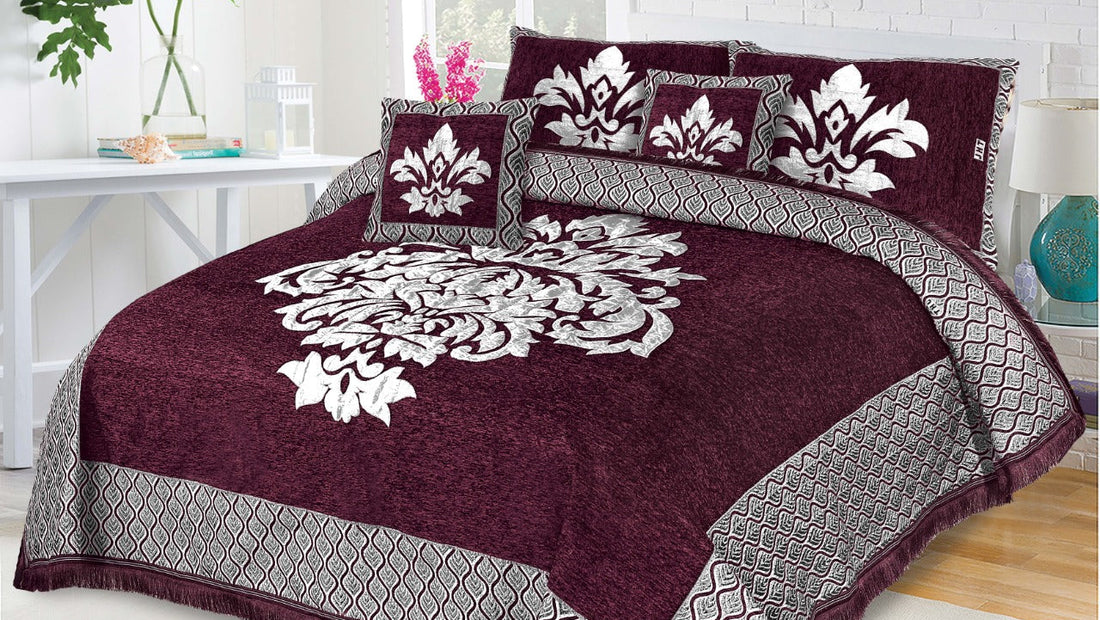 Maroon Crown Velvet Jacuard Bedsheet Set - 06