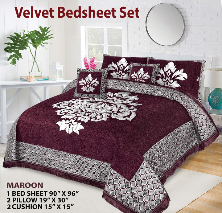 Maroon Crown Velvet Jacuard Bedsheet Set - 06