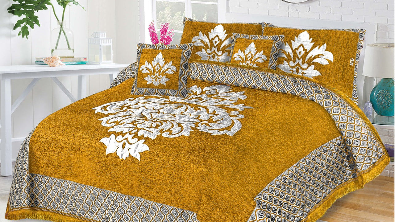 Mustard Crown Velvet Jacuard Bedsheet Set - 09