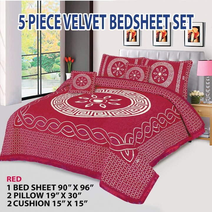 Red  Orbit Velvet Jacuard Bedsheet Set - 02