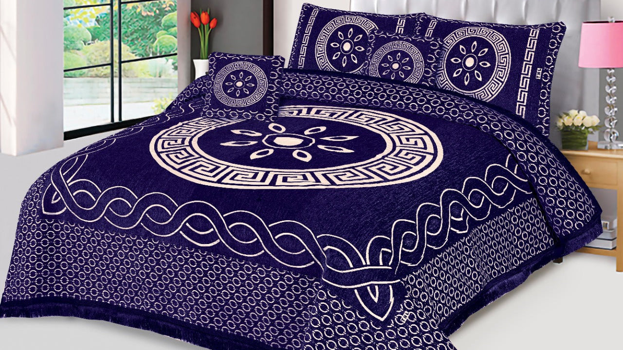 Blue Orbit Velvet Jacuard Bedsheet Set - 01