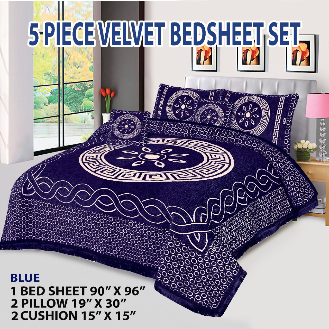 Blue Orbit Velvet Jacuard Bedsheet Set - 01