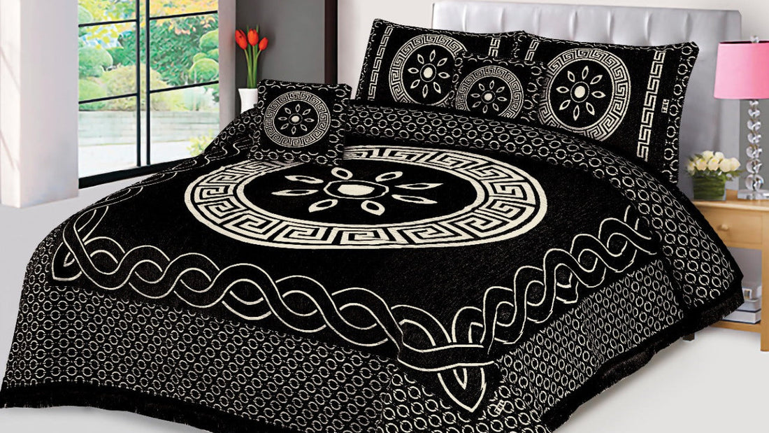 Black  Orbit Velvet Jacuard Bedsheet Set - 03