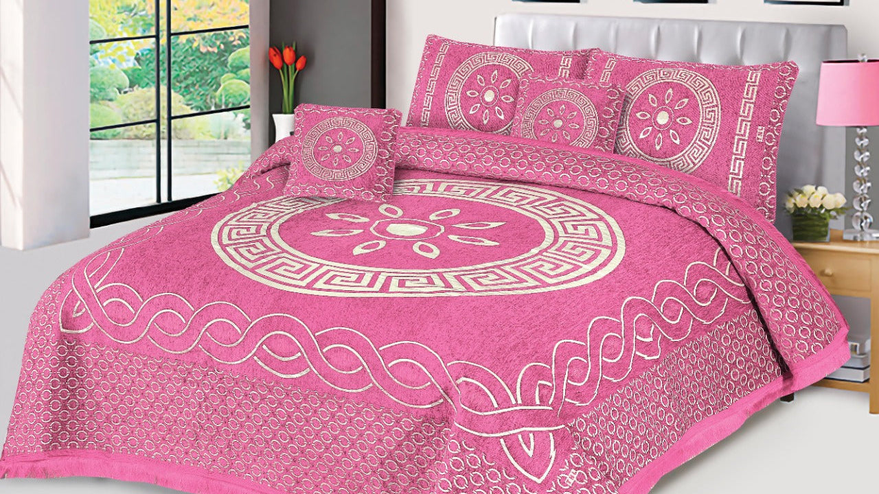 Pink  Orbit Velvet Jacuard Bedsheet Set - 04