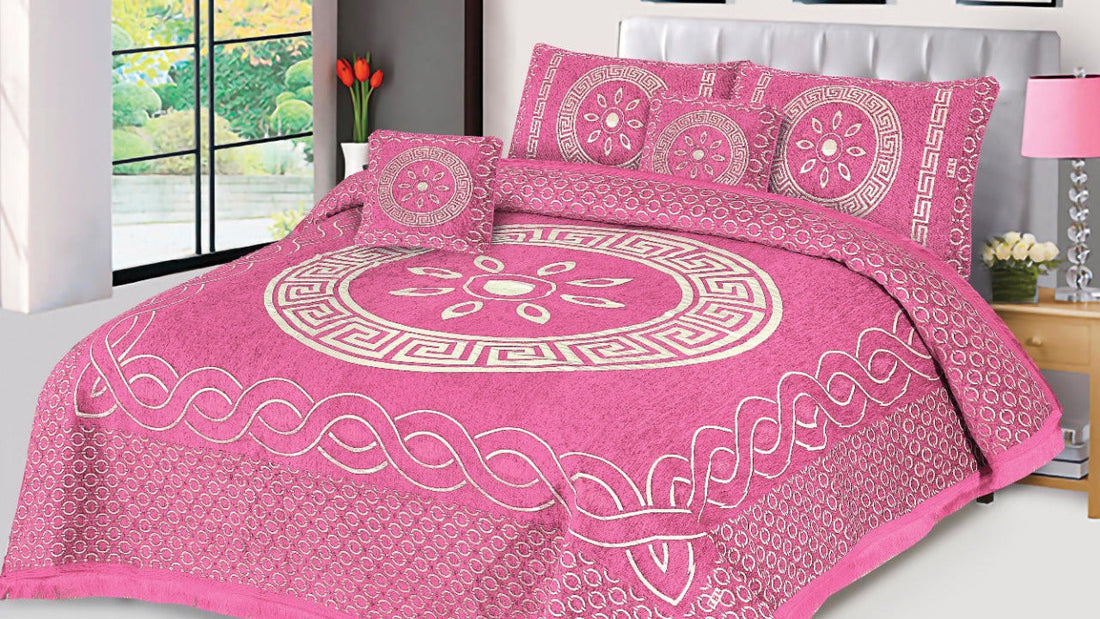 Pink  Orbit Velvet Jacuard Bedsheet Set - 04