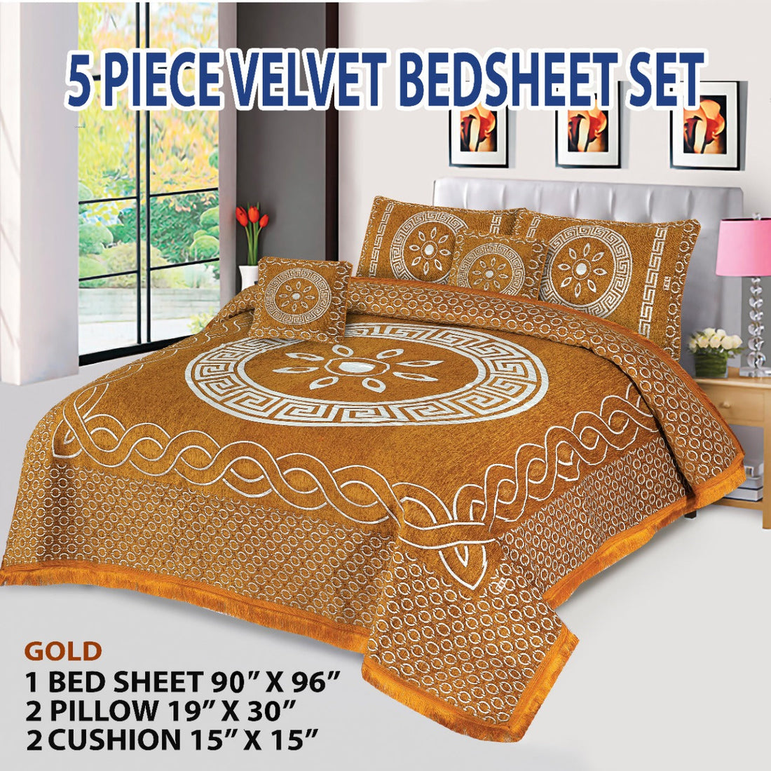 Golden Orbit Velvet Jacuard Bedsheet Set - 05