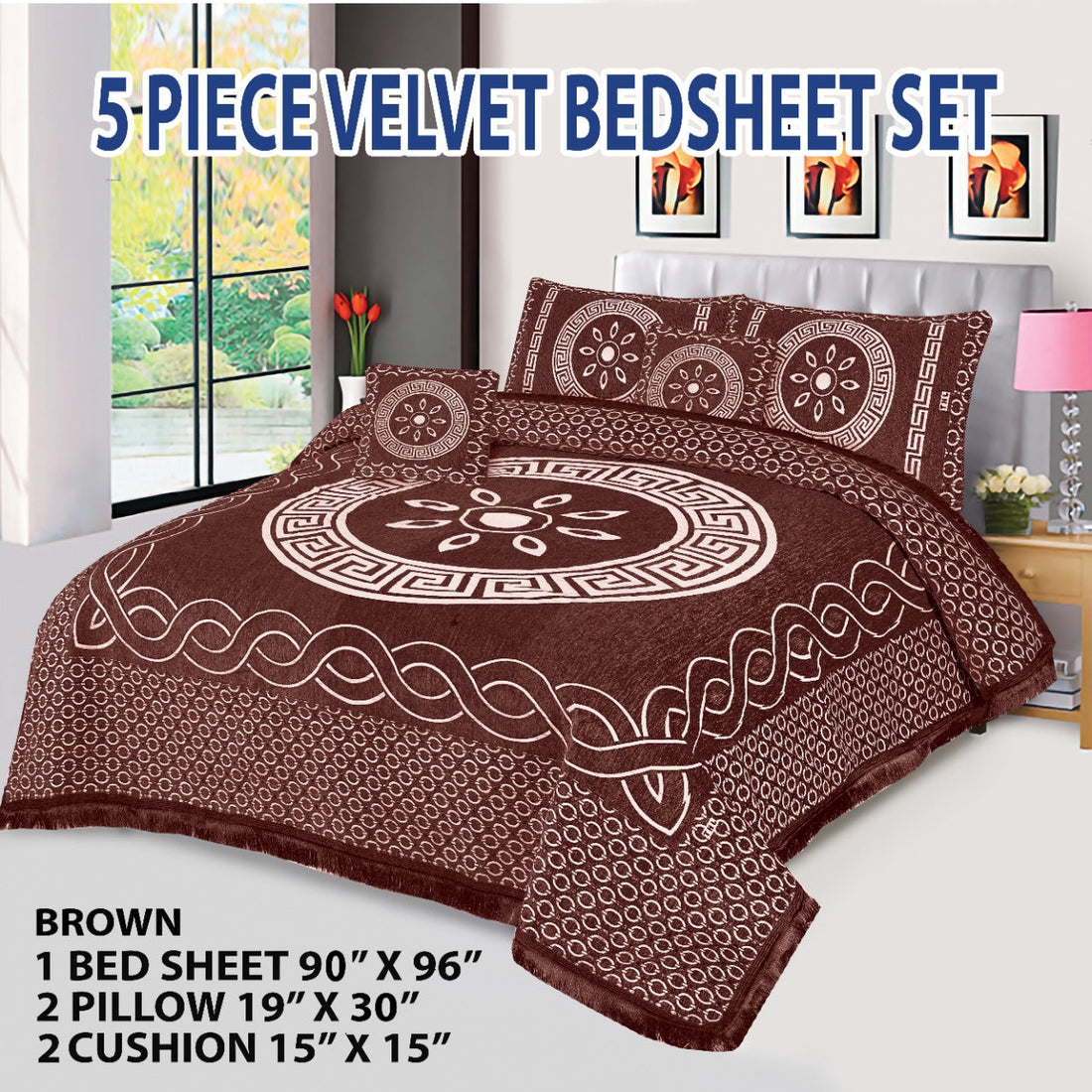 Brown Orbit Velvet Jacuard Bedsheet Set - 06
