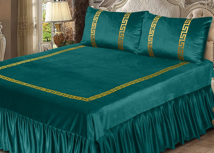 Luxury Velvet Teal Bed Sheet Set with Golden Border 01