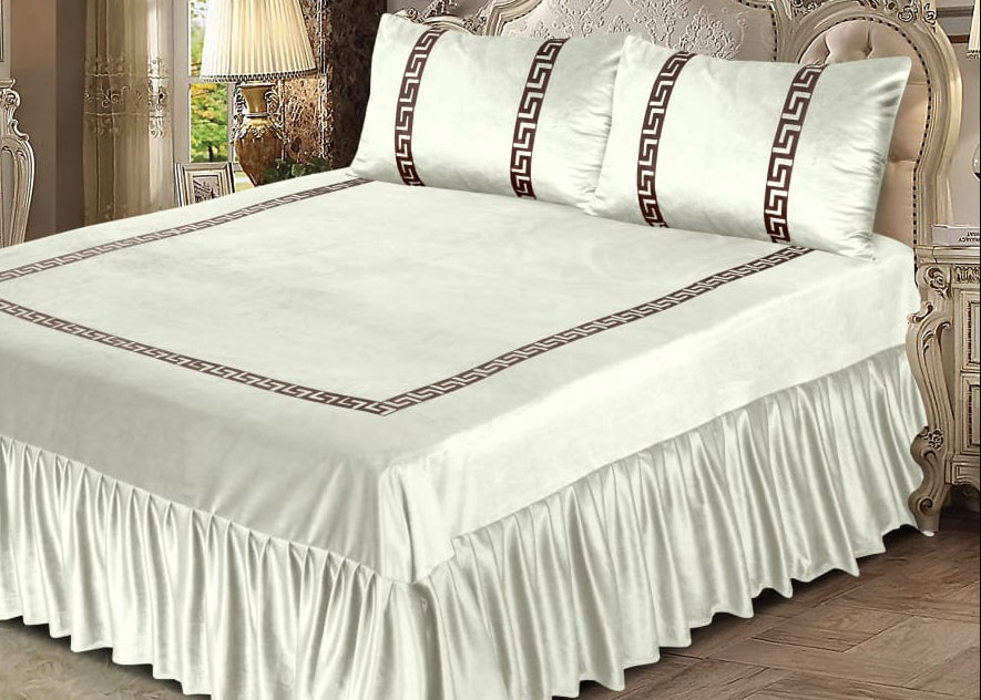 Luxury Velvet Off white Bed Sheet Set with Golden Border 03