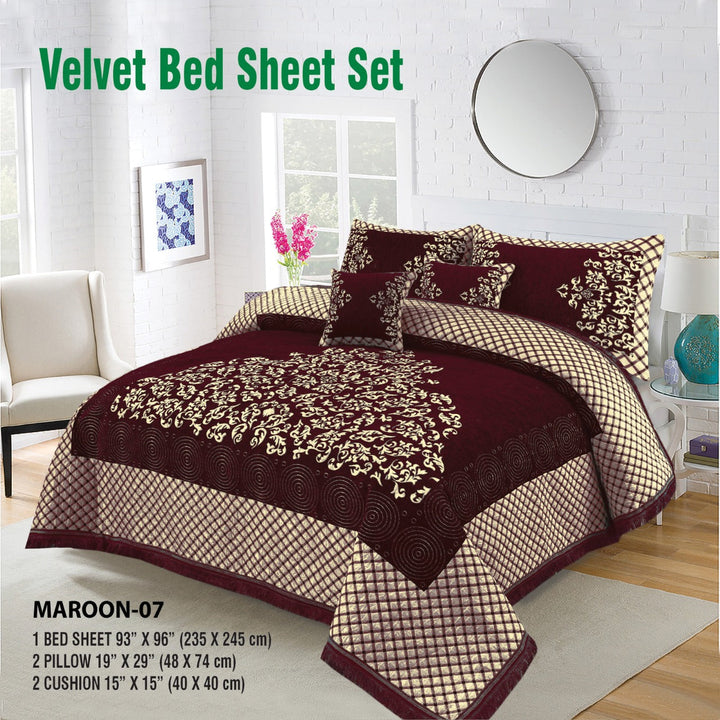 Maroon Turkish Velvet Jacuard Bedsheet Set - 04