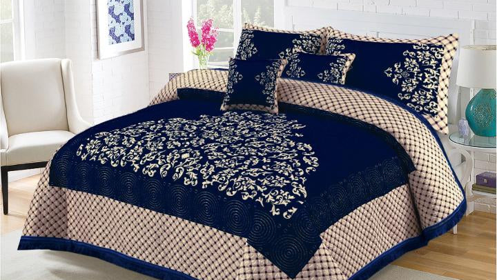 Blue Turkish Velvet Jacuard Bedsheet Set - 07