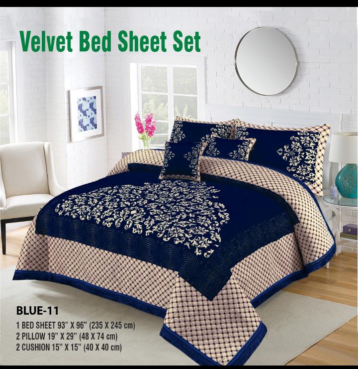 Blue Turkish Velvet Jacuard Bedsheet Set - 07